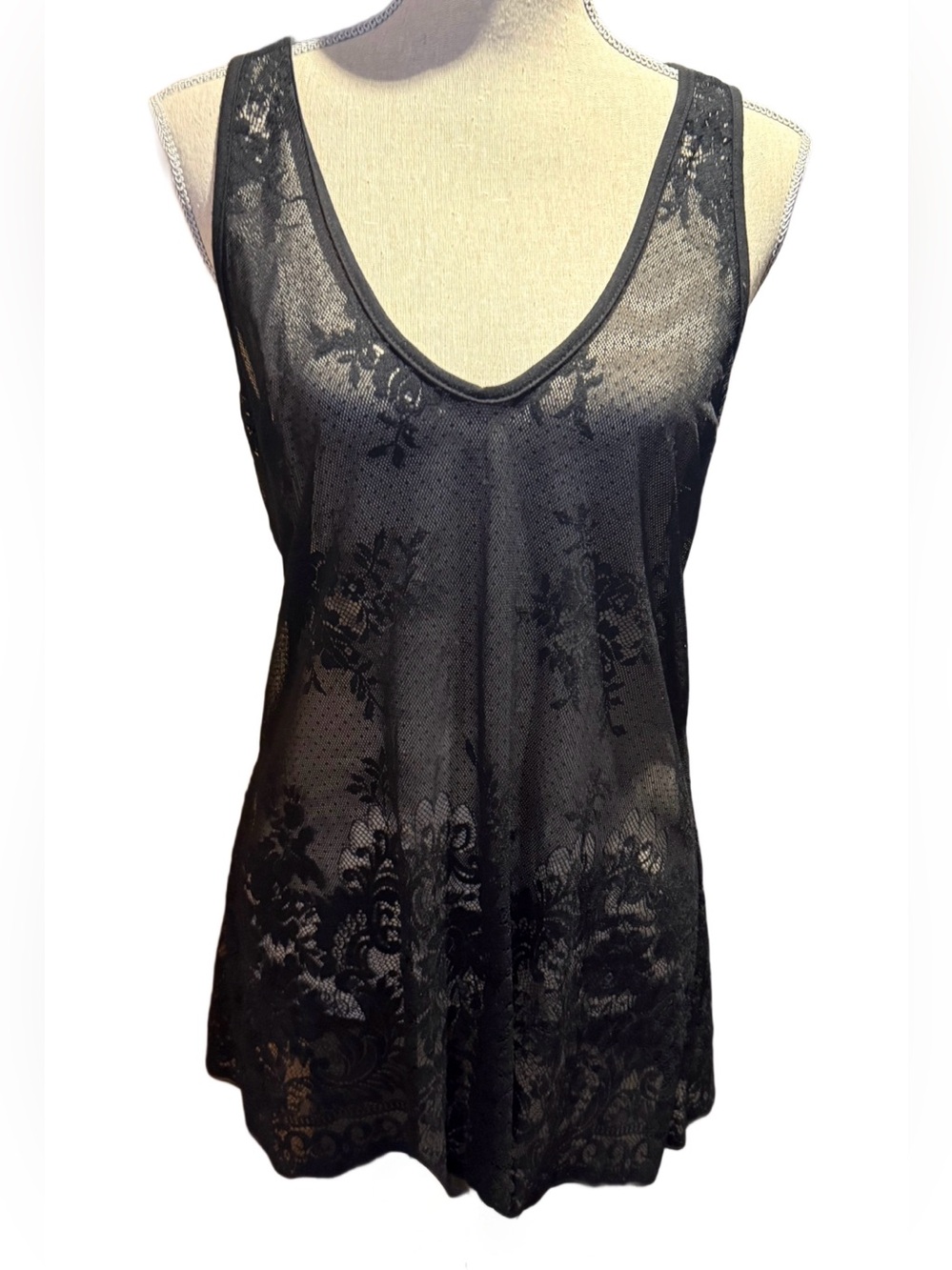 Mind Code Lace (Unlined) Racer Back Long Tunic or Chemise - Black Size Med/Large